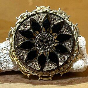 Vintage Florenza Style Sunflower Cut Black Glass Gold Tone Pendant or Brooch